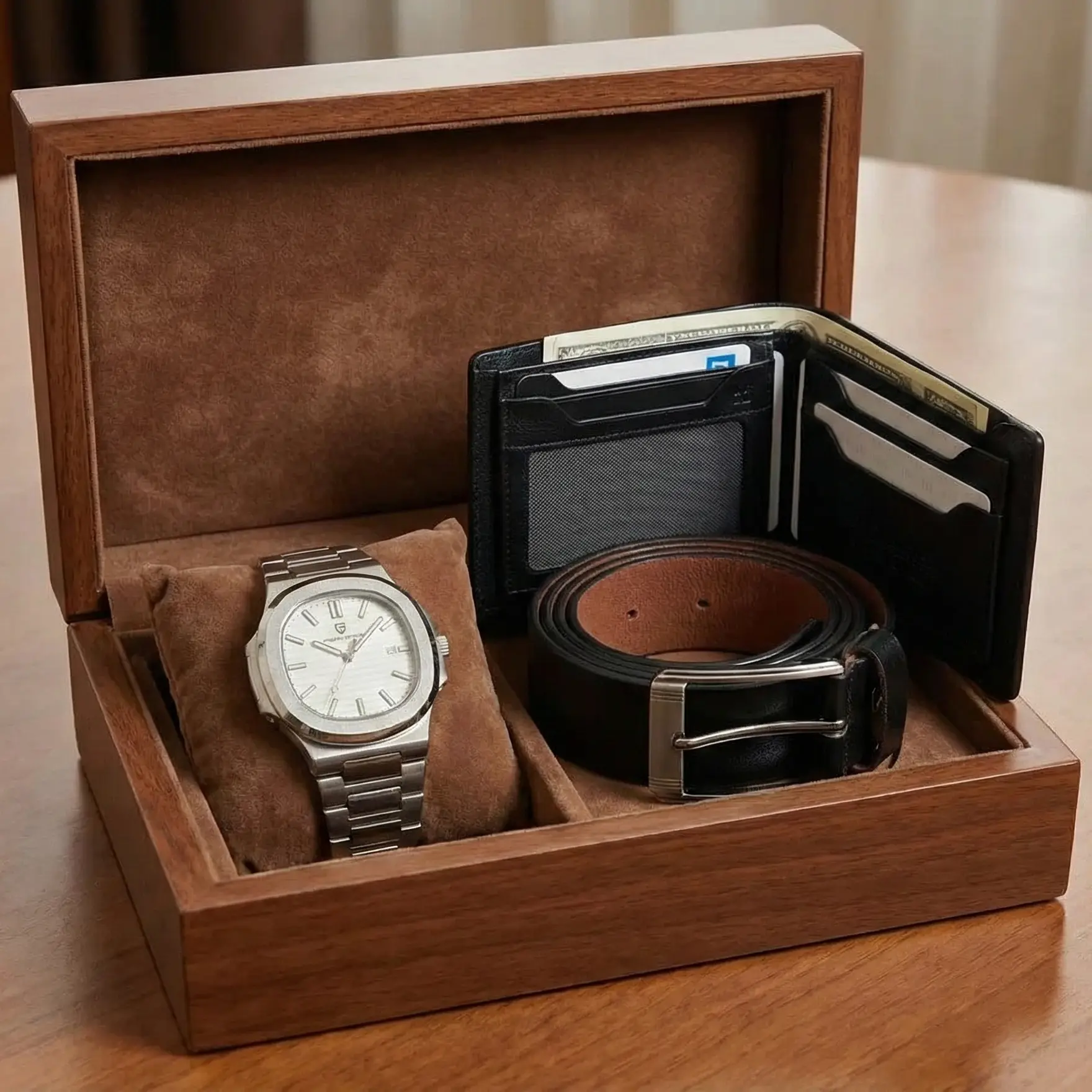 প্রিমিয়াম জেন্টস কম্বো স্টাইলিশ ওয়ালেট, মানানসই বেল্ট ও আকর্ষণীয় ঘড়ি